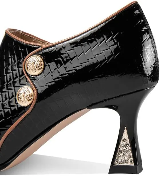 TinaCus Pointed Toe Patent Leather Handmade Side Zipper Mid Chunky Heels Women's Stylish Pumps Shoes with Buttons Decor