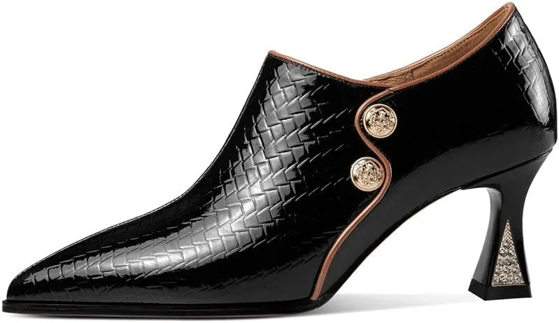 TinaCus Pointed Toe Patent Leather Handmade Side Zipper Mid Chunky Heels Women's Stylish Pumps Shoes with Buttons Decor