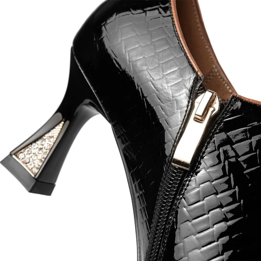 TinaCus Pointed Toe Patent Leather Handmade Side Zipper Mid Chunky Heels Women's Stylish Pumps Shoes with Buttons Decor