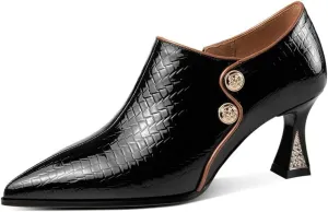 TinaCus Pointed Toe Patent Leather Handmade Side Zipper Mid Chunky Heels Women's Stylish Pumps Shoes with Buttons Decor