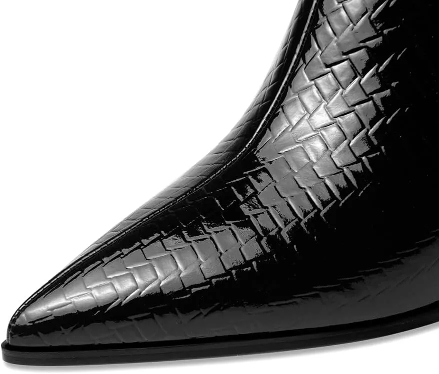 TinaCus Pointed Toe Patent Leather Handmade Side Zipper Mid Chunky Heels Women's Stylish Pumps Shoes with Buttons Decor