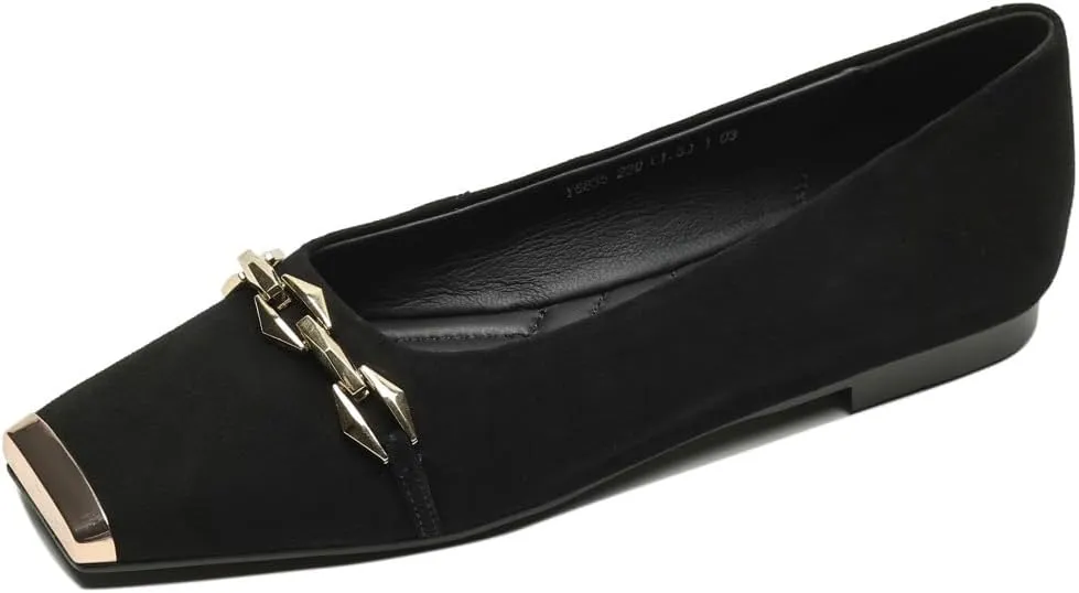 TinaCus Soft Suede Leather Handmade Metal Chain Stylish Cap Toe Women's Slip On Flat Shoes