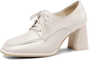 TinaCus Women's Genuine Leather Handmade Lace Up Mid Chunky Heels Stylish Pumps Shoes