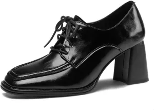 TinaCus Women's Genuine Leather Handmade Lace Up Mid Chunky Heels Stylish Pumps Shoes