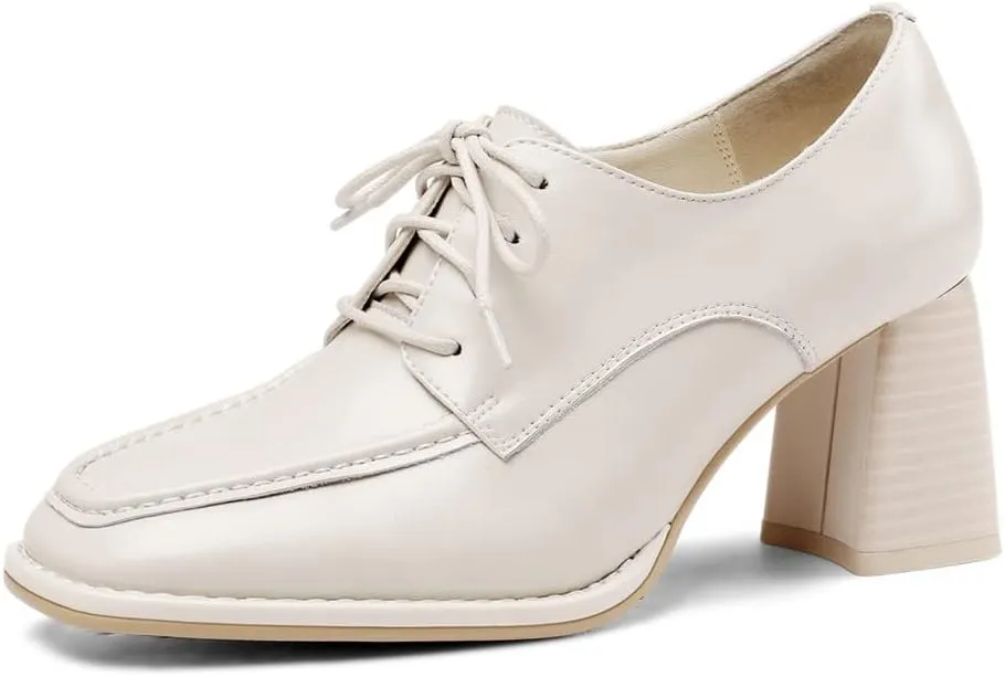 TinaCus Women's Genuine Leather Handmade Lace Up Mid Chunky Heels Stylish Pumps Shoes