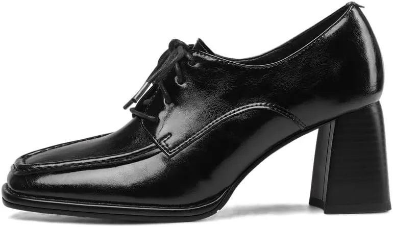 TinaCus Women's Genuine Leather Handmade Lace Up Mid Chunky Heels Stylish Pumps Shoes