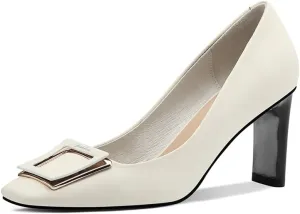TinaCus Women's Genuine Leather Handmade Square Toe Mid Chunky Heels Stylish Pumps Shoes with Buckle Décor