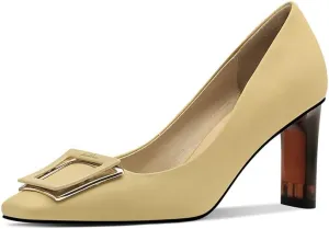 TinaCus Women's Genuine Leather Handmade Square Toe Mid Chunky Heels Stylish Pumps Shoes with Buckle Décor