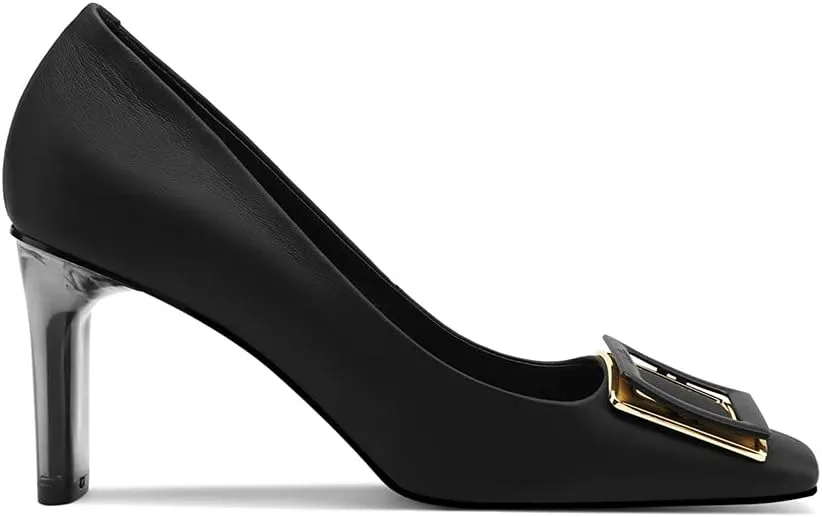 TinaCus Women's Genuine Leather Handmade Square Toe Mid Chunky Heels Stylish Pumps Shoes with Buckle Décor