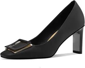 TinaCus Women's Genuine Leather Handmade Square Toe Mid Chunky Heels Stylish Pumps Shoes with Buckle Décor