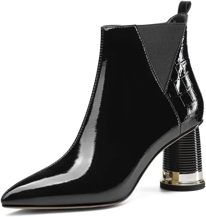 TinaCus Women's Glossy Patent Leather Handmade Mid Chunky Heel Side Zip Up Pointed Toe Stylish Ankle Boots