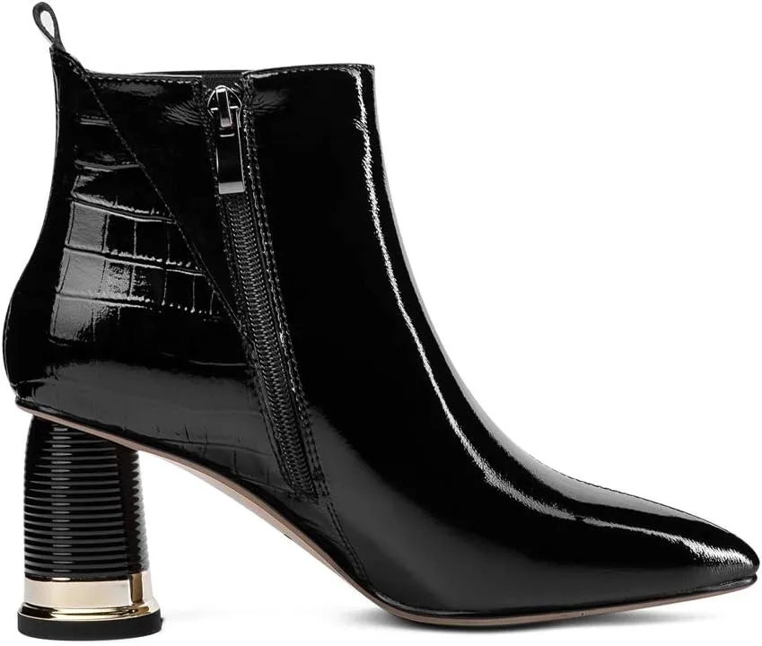 TinaCus Women's Glossy Patent Leather Handmade Mid Chunky Heel Side Zip Up Pointed Toe Stylish Ankle Boots
