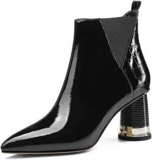 TinaCus Women's Glossy Patent Leather Handmade Mid Chunky Heel Side Zip Up Pointed Toe Stylish Ankle Boots