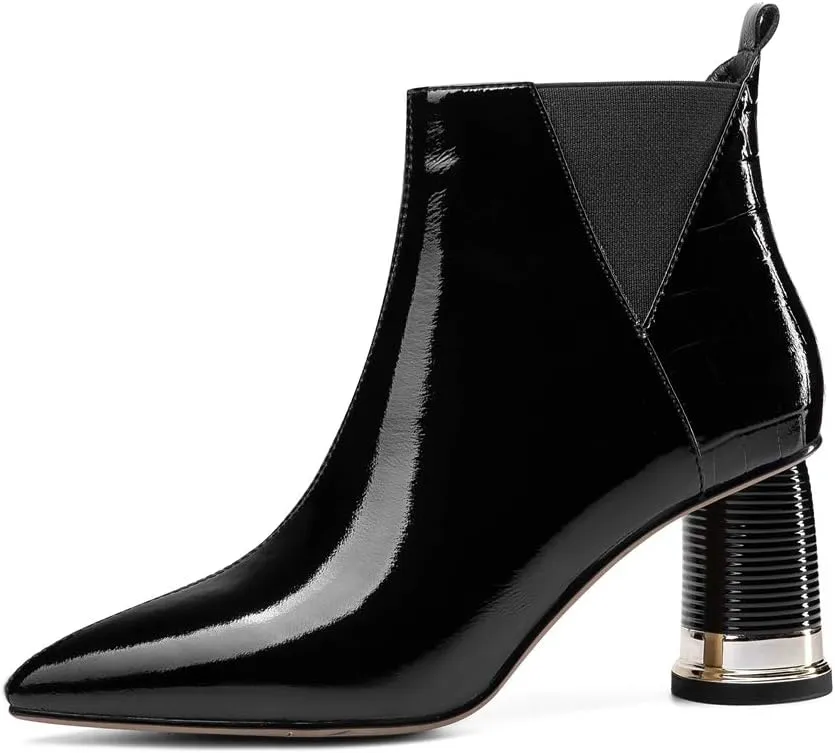 TinaCus Women's Glossy Patent Leather Handmade Mid Chunky Heel Side Zip Up Pointed Toe Stylish Ankle Boots