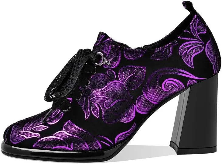 TinaCus Women's Handmade Printed Suede Leather Platform Round Toe Lace Up Side Zip High Chunky Heel Pumps