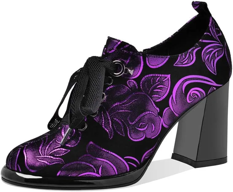 TinaCus Women's Handmade Printed Suede Leather Platform Round Toe Lace Up Side Zip High Chunky Heel Pumps