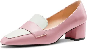 TNYNFBEB Womens Chunky Block Mid Heel Close Square Toe Pumps Slip-on Patchwork Prom Basic Classic 2.0 Inches Heels
