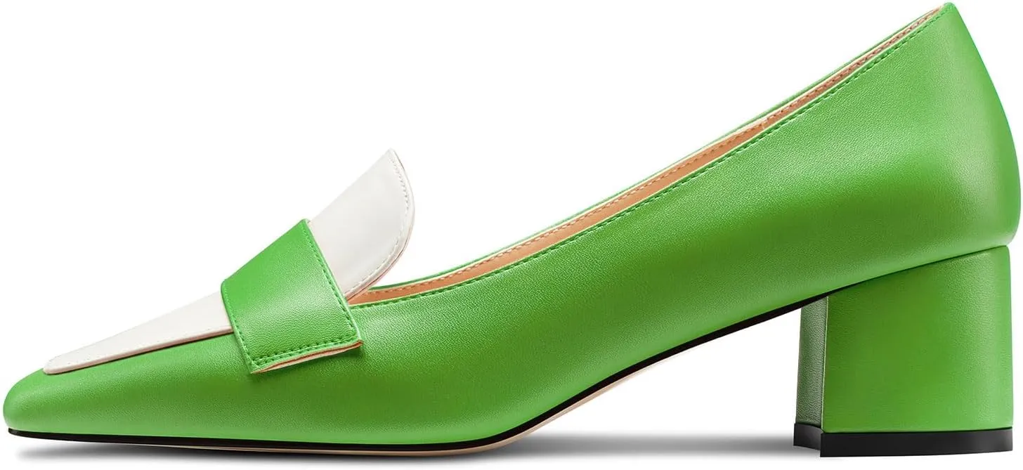 TNYNFBEB Womens Chunky Block Mid Heel Close Square Toe Pumps Slip-on Patchwork Prom Basic Classic 2.0 Inches Heels