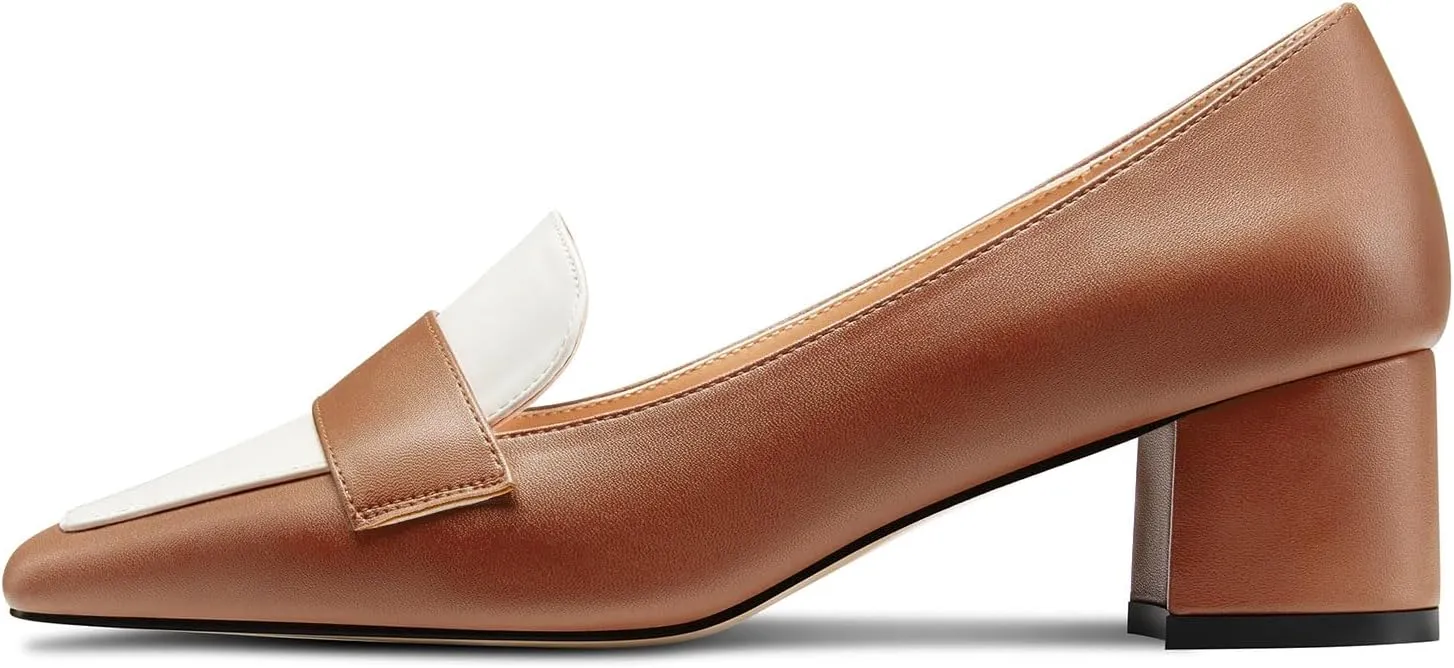 TNYNFBEB Womens Chunky Block Mid Heel Close Square Toe Pumps Slip-on Patchwork Prom Basic Classic 2.0 Inches Heels