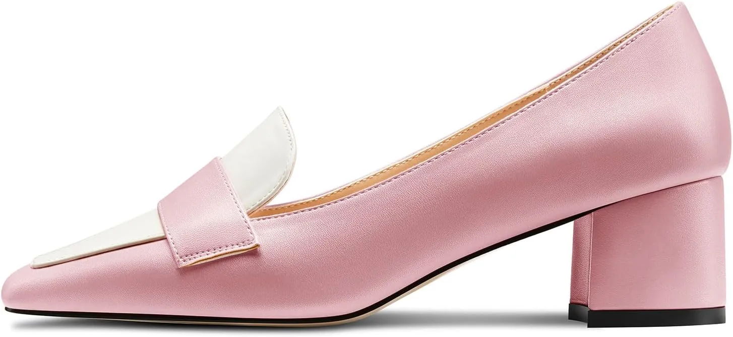 TNYNFBEB Womens Chunky Block Mid Heel Close Square Toe Pumps Slip-on Patchwork Prom Basic Classic 2.0 Inches Heels