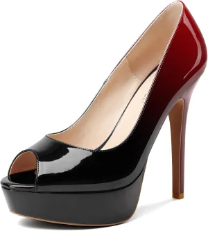 TNYNFBEB Womens Stiletto High Platform Heel Peep Open Toe Pumps Slip-on Prom Wedding Dress Patent Leather 4.7 Inches Heels