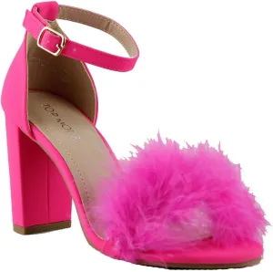 TOP Moda K 30 Womens Feather Fur Chunky Heel Sandals Nubuck Hot Pink 8