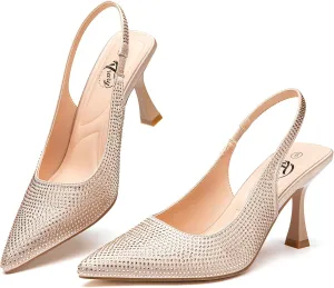 Trary Slingback Heels for Women - Pointed Toe Pumps, Comfortable & Stylish for Parties & Work - 3.2inch High Heels, Rhinestone & Glitter Dressy Shoes