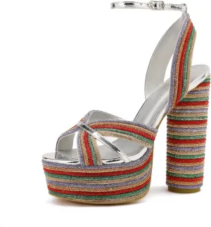 Tsrenlmln Women's Pumps Rhinestone High Heels Diamond Inlaid Craft Sandals for Women Chunky Strappy Closed Toe Dress Shoes Color Heels