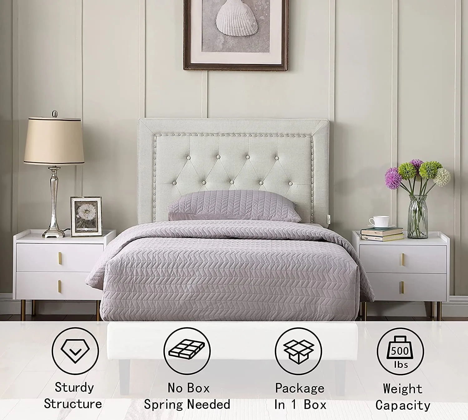 Twin Upholstered Platform Bed Frame with 48" Tall Adjustable Headboard - Button Tufted Cloth Bed - Beige - Oliver & Smith - Berlin