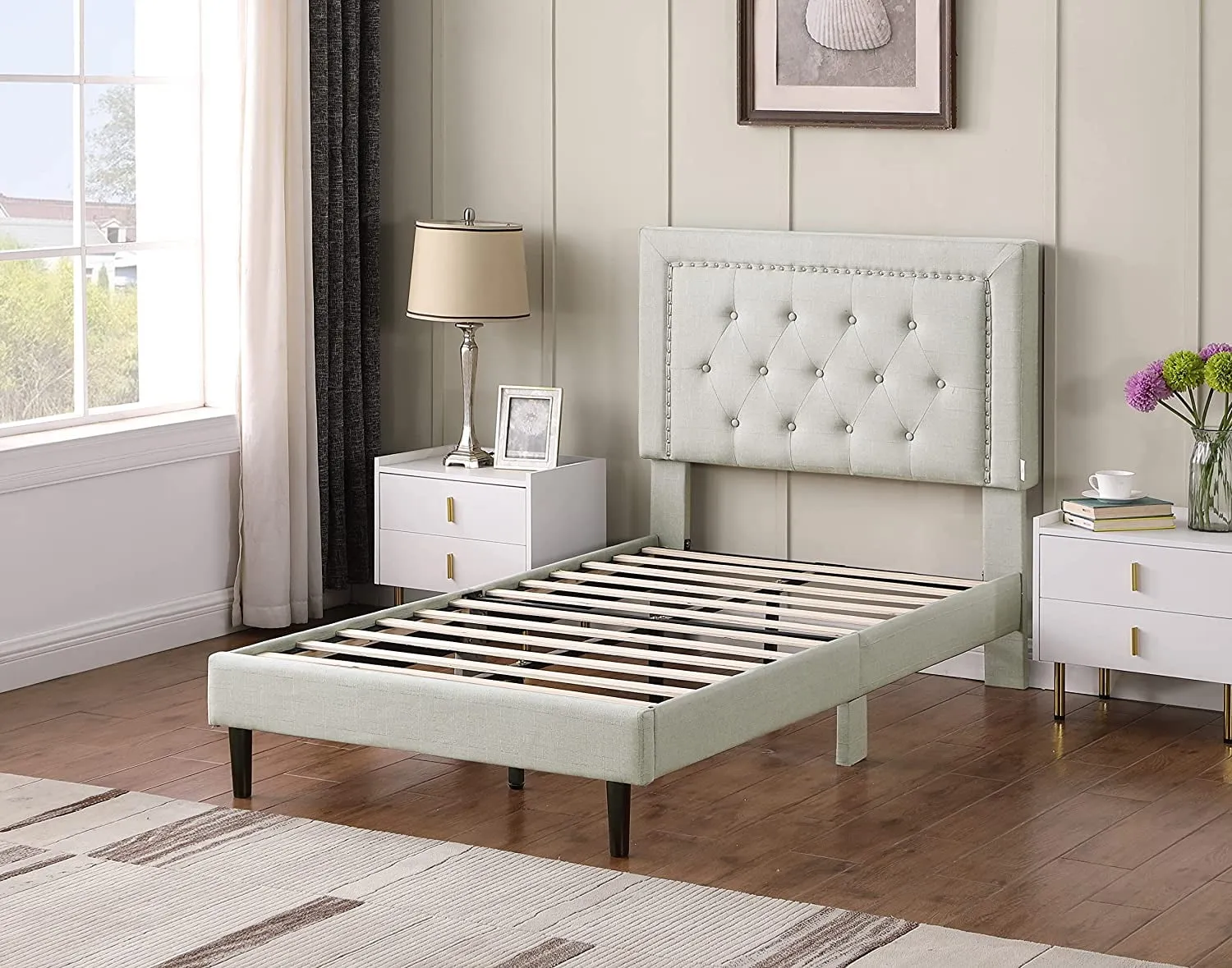 Twin Upholstered Platform Bed Frame with 48" Tall Adjustable Headboard - Button Tufted Cloth Bed - Beige - Oliver & Smith - Berlin