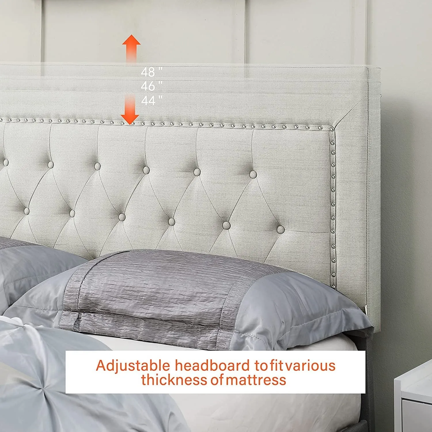 Twin Upholstered Platform Bed Frame with 48" Tall Adjustable Headboard - Button Tufted Cloth Bed - Beige - Oliver & Smith - Berlin
