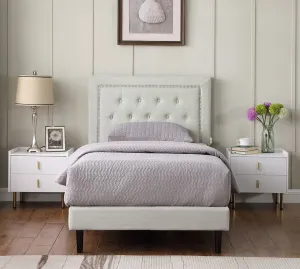 Twin Upholstered Platform Bed Frame with 48" Tall Adjustable Headboard - Button Tufted Cloth Bed - Beige - Oliver & Smith - Berlin