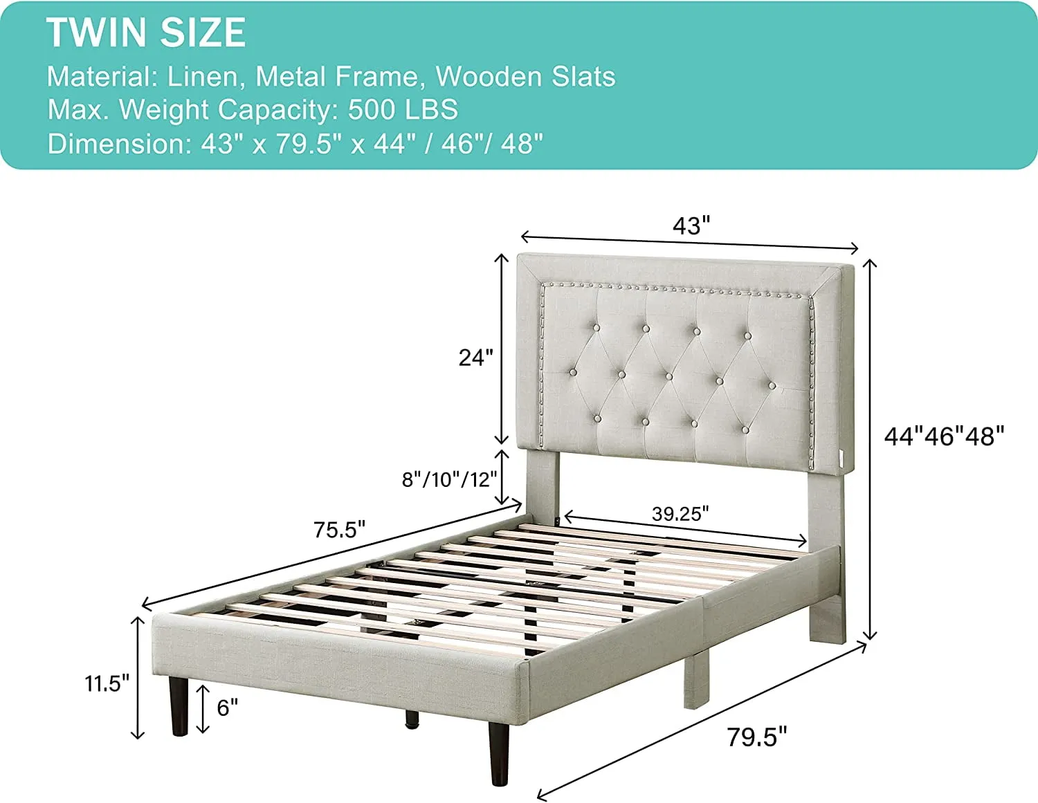 Twin Upholstered Platform Bed Frame with 48" Tall Adjustable Headboard - Button Tufted Cloth Bed - Beige - Oliver & Smith - Berlin