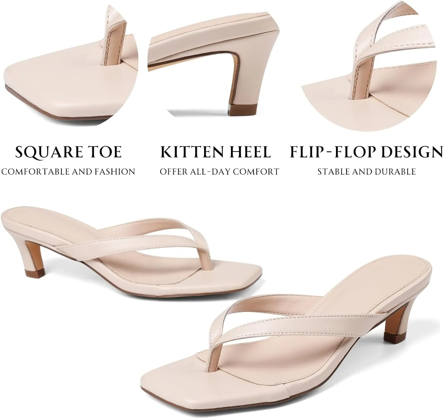 Uacllcau Kitten Heels Sandals for Women Square Open Toe Flip Flops Strappy Heels for Women Sandals Slides