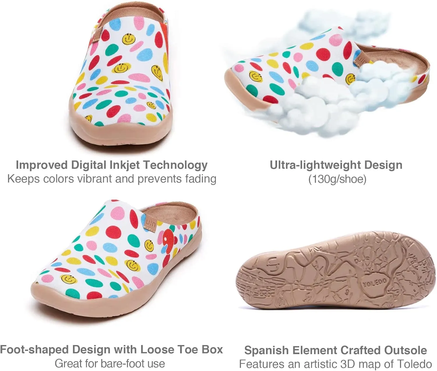 UIN Women's Slip On Mules Comfortable Flat Lightweight Wide Toe Clog Casual Art Painted Travel Shoes Malaga Series