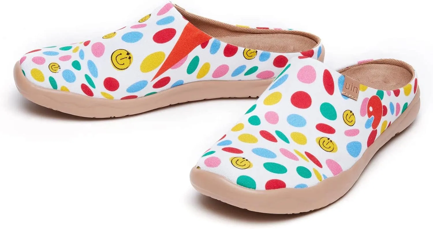 UIN Women's Slip On Mules Comfortable Flat Lightweight Wide Toe Clog Casual Art Painted Travel Shoes Malaga Series