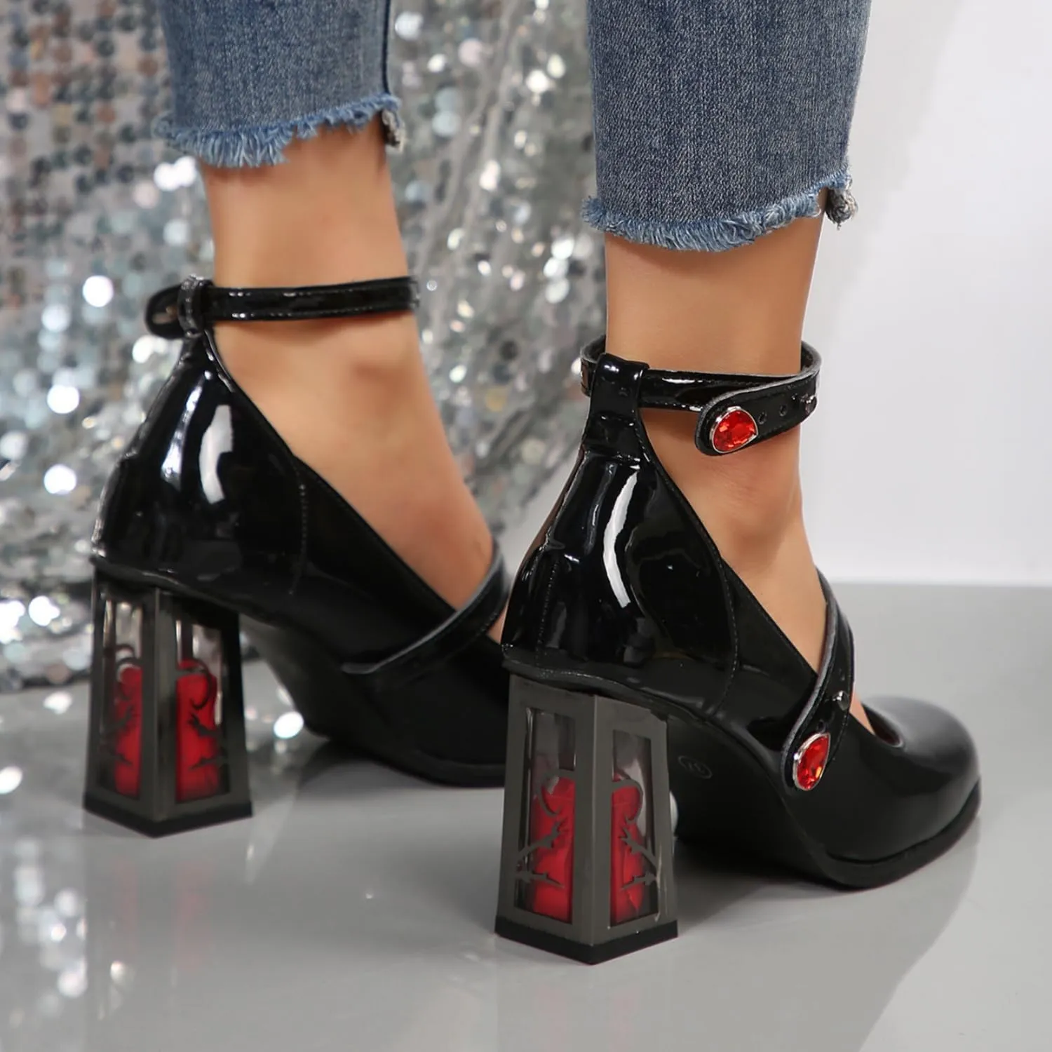 Ulalaza Womens Platform Mary Janes Dress Pumps Chunky Platform Shoes Patent Leather Gothic Lolita Sweet Toe Ankle