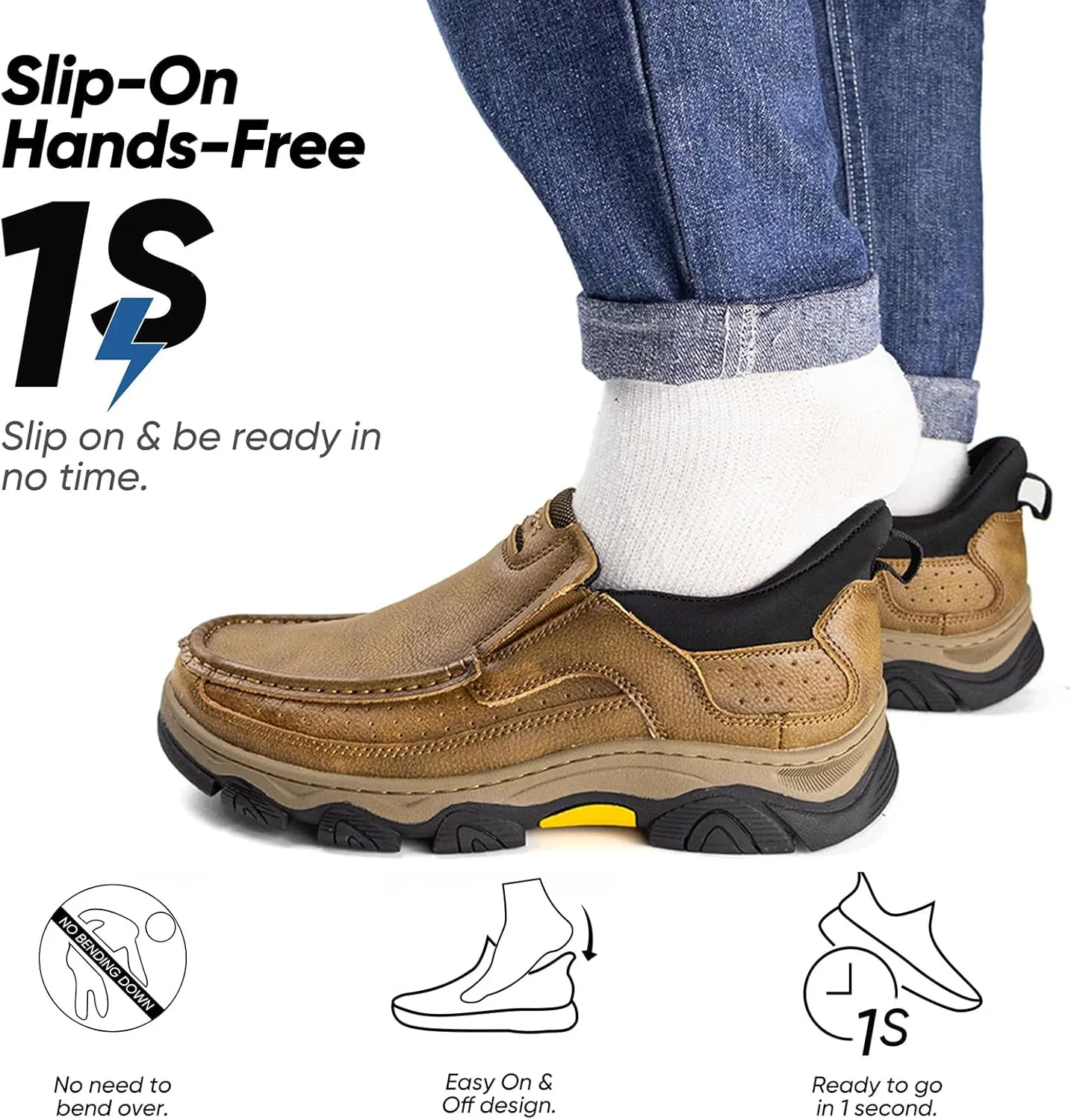 UPIShi Men's Hands Free Slip On Walking Leather Loafers Slip-ins Work Office Dress Casual Outdoor Lightweight Cushioning Shoes
