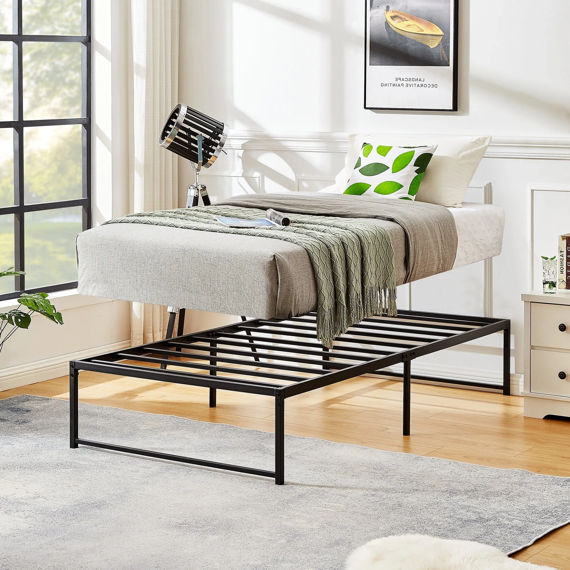 VECELO 14.2 Inch Twin Metal Platform Bed Frame, Heavy Duty Metal Bed with Under-bed Storage, No Box Spring Needed, Black