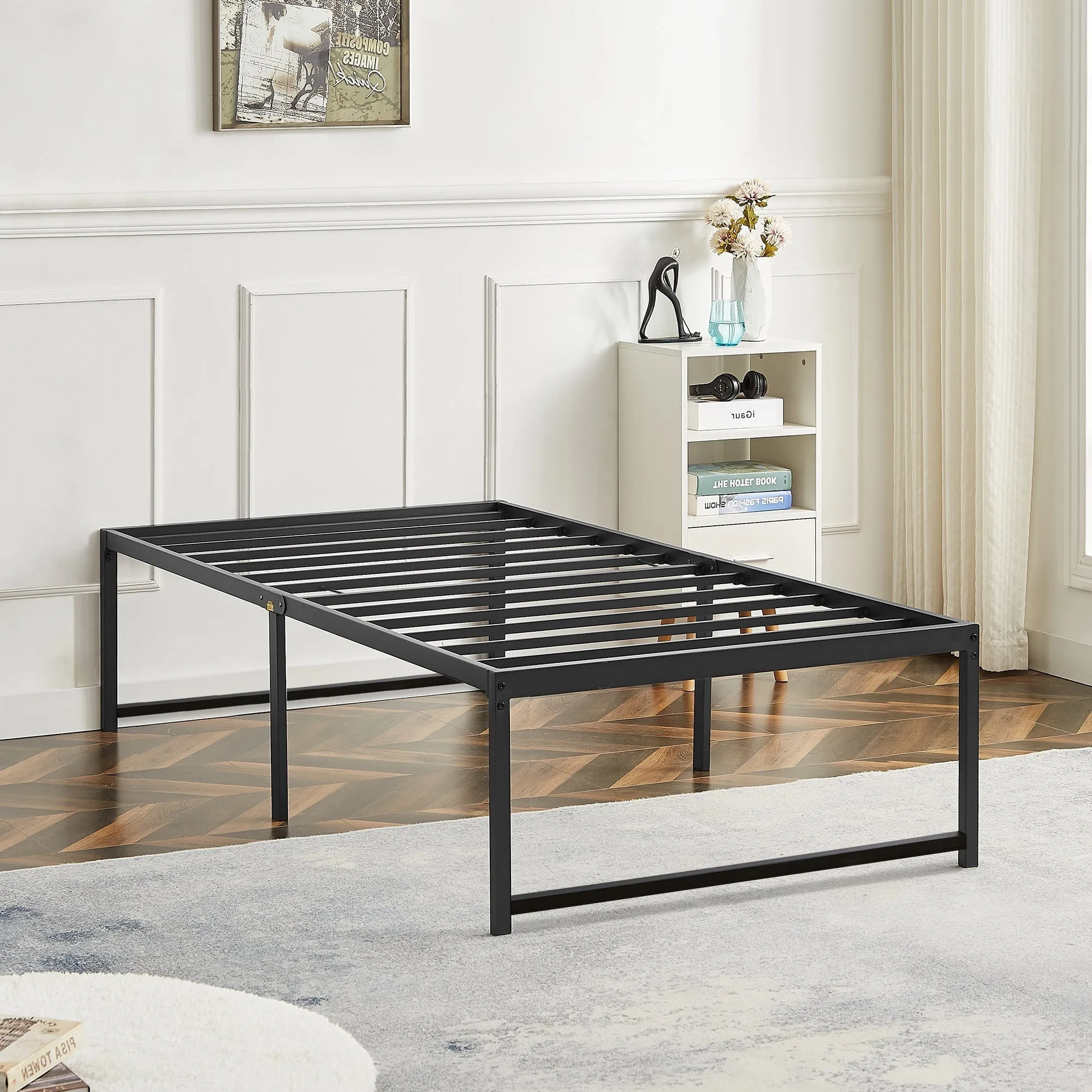 VECELO 14.2 Inch Twin Metal Platform Bed Frame, Heavy Duty Metal Bed with Under-bed Storage, No Box Spring Needed, Black