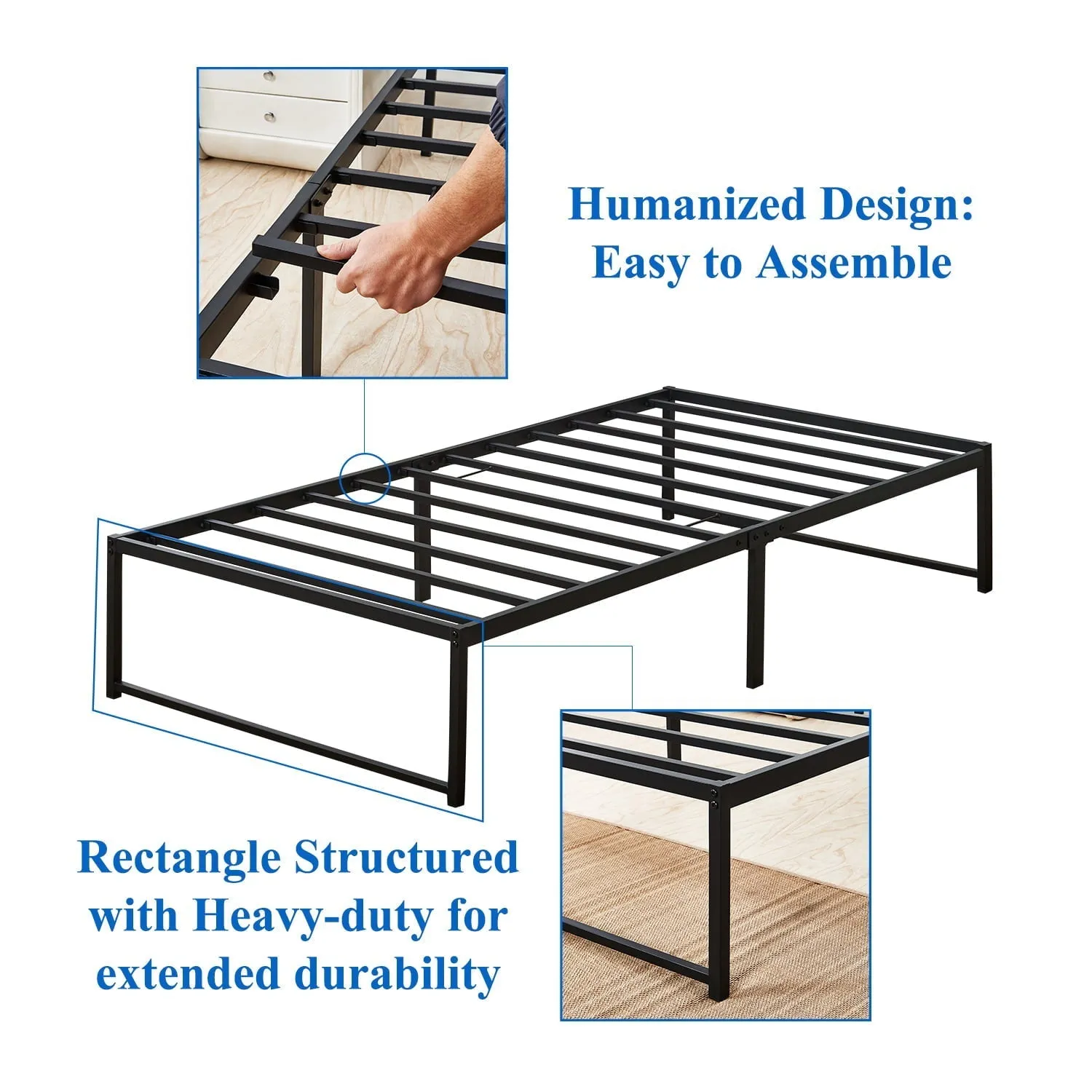 VECELO 14.2 Inch Twin Metal Platform Bed Frame, Heavy Duty Metal Bed with Under-bed Storage, No Box Spring Needed, Black