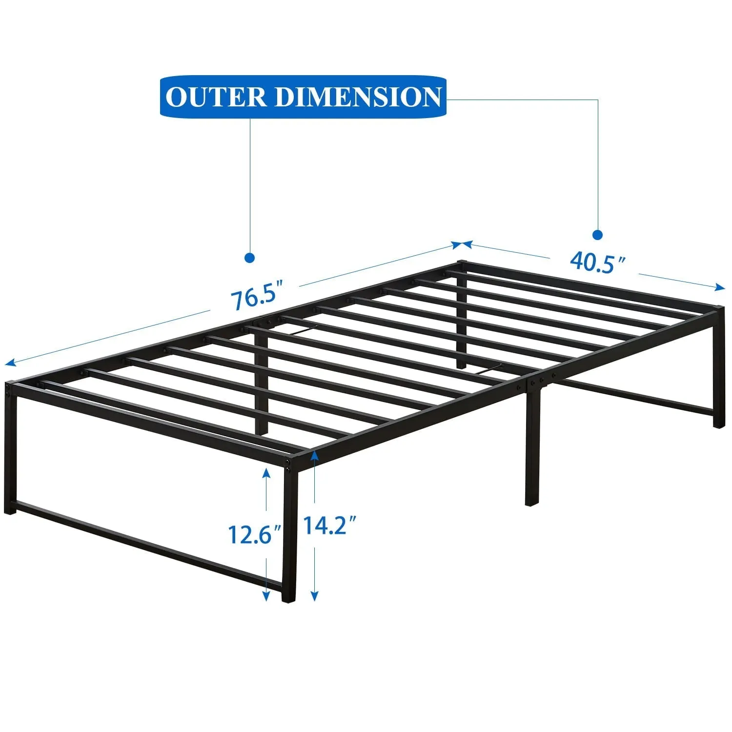 VECELO 14.2 Inch Twin Metal Platform Bed Frame, Heavy Duty Metal Bed with Under-bed Storage, No Box Spring Needed, Black