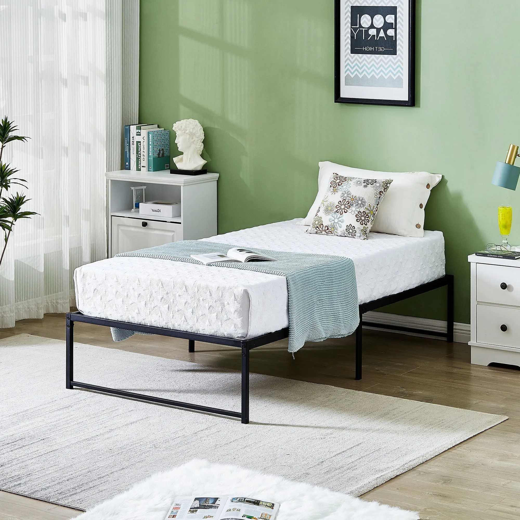 VECELO 14.2 Inch Twin Metal Platform Bed Frame, Heavy Duty Metal Bed with Under-bed Storage, No Box Spring Needed, Black