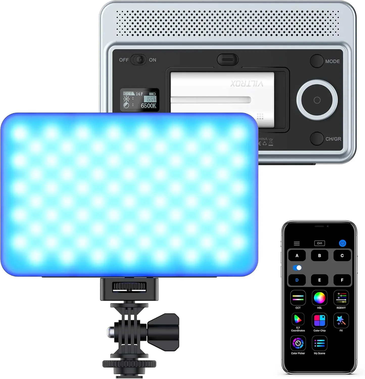 VILTROX RGB Led Panel Light, Smartphone Control Full Color On Camera LED Photography Light, 2600K-6800K Dimmable LED Video Light, with NP-F550 Battery (Sprite 15C)