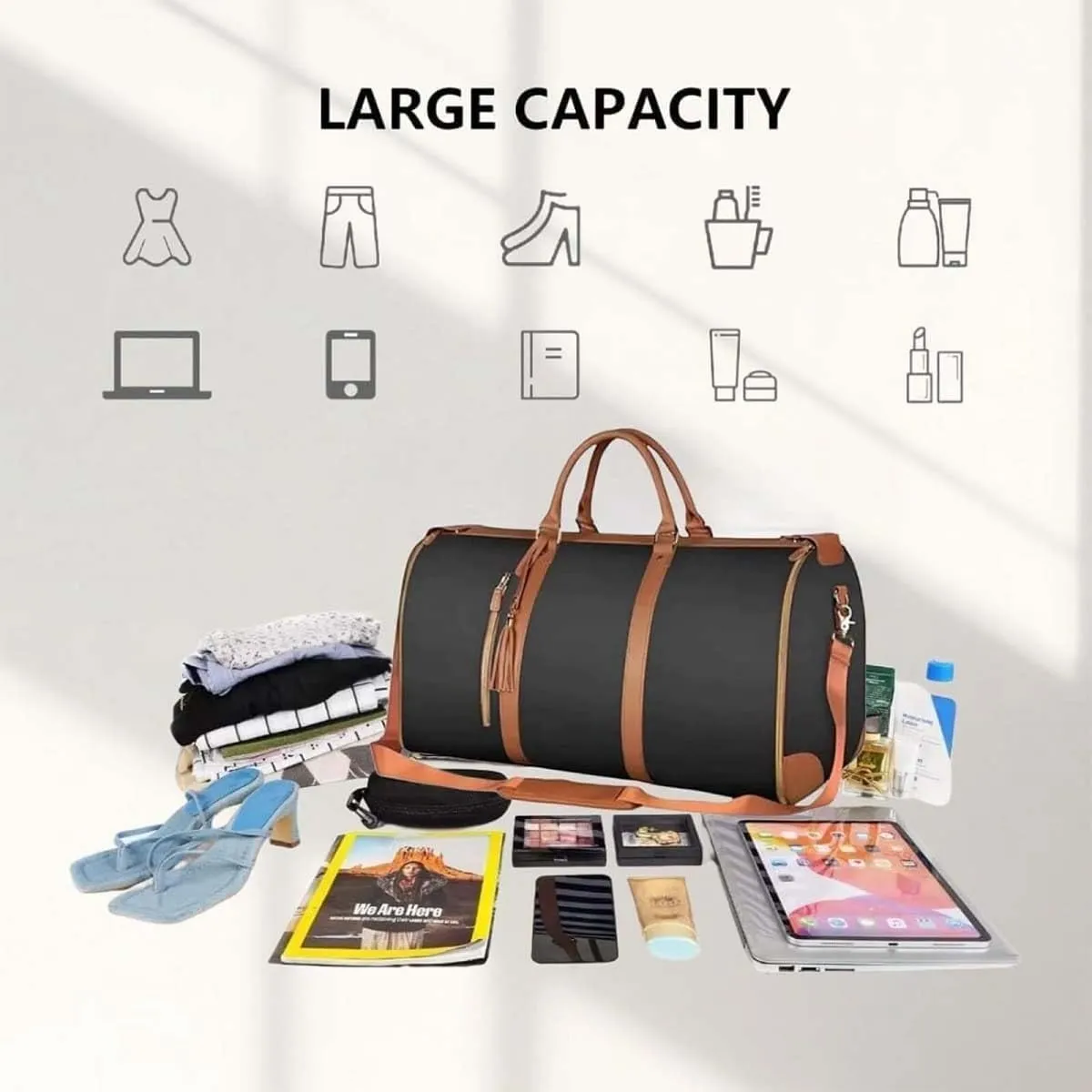 Viralhuntz Travel Bag, Luxe Travel Bags for Women, 2-in-1 Carry-On Garment Luggage with Shoe Compartment, PU Leather Weekender (C)