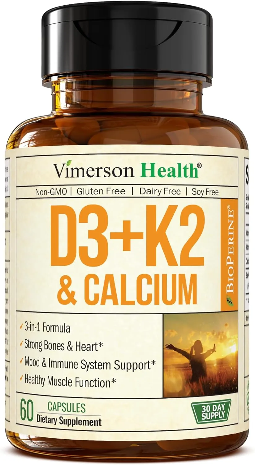 Vitamin D3 K2 & Calcium Supplement with BioPerine for Immune & Bone Health - Vitamin K2 as MK7   Calcium   Vit D3 5000 IU. 4 in 1 Support for Strong Bones, Teeth and Heart Health. Non-GMO. 60 Capsules