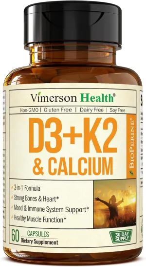 Vitamin D3 K2 & Calcium Supplement with BioPerine for Immune & Bone Health - Vitamin K2 as MK7   Calcium   Vit D3 5000 IU. 4 in 1 Support for Strong Bones, Teeth and Heart Health. Non-GMO. 60 Capsules