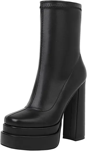 vivianly Women's Platform Mid Calf Boots Square Toe Chunky Heel Ankle Boots with Side Zipper Stretch Short Go Go Boot