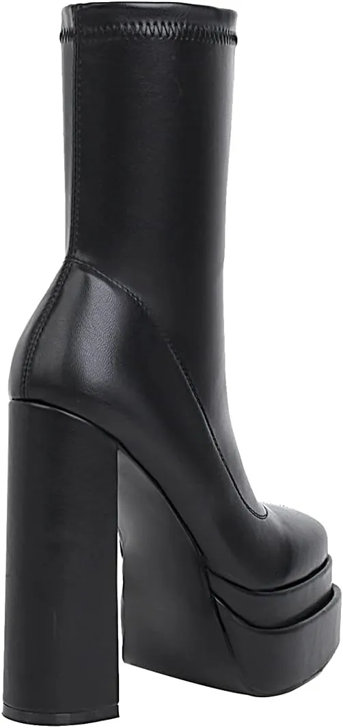 vivianly Women's Platform Mid Calf Boots Square Toe Chunky Heel Ankle Boots with Side Zipper Stretch Short Go Go Boot