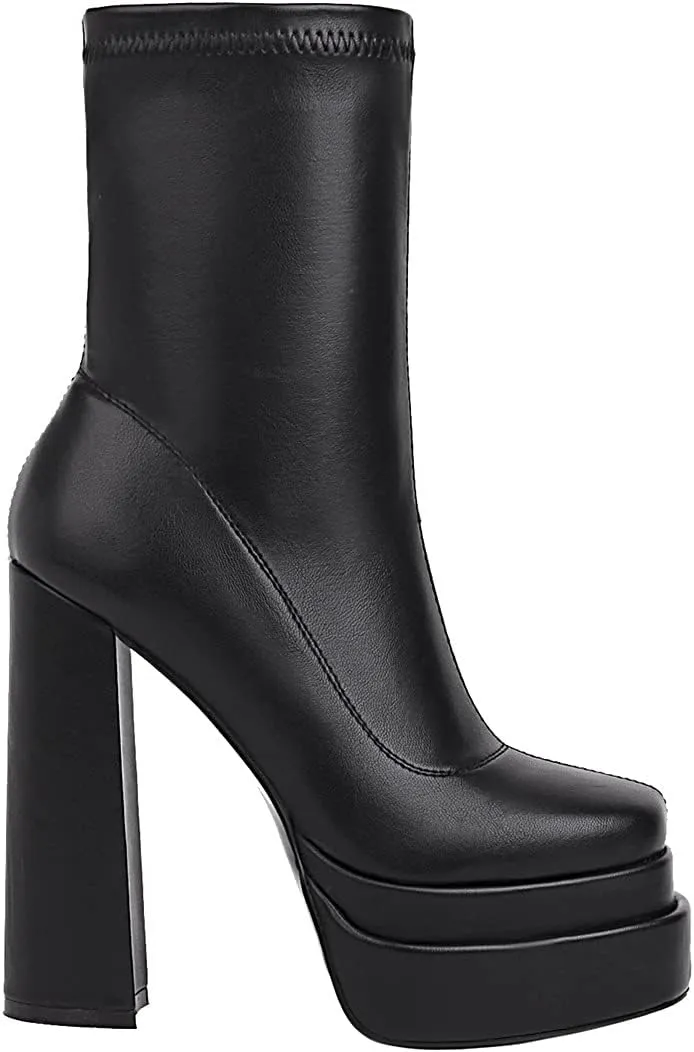 vivianly Women's Platform Mid Calf Boots Square Toe Chunky Heel Ankle Boots with Side Zipper Stretch Short Go Go Boot